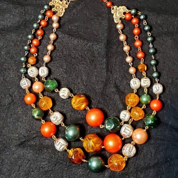 Vintage Jewelry - Mid-Century Vintage Triple-Strand Peach, Green, Multi Baroque Choker Necklace